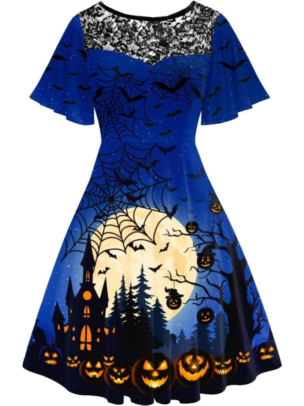 Women's Dark Blue Halloween Dress Lace Flutter Sleeve A-Line Party Dresses